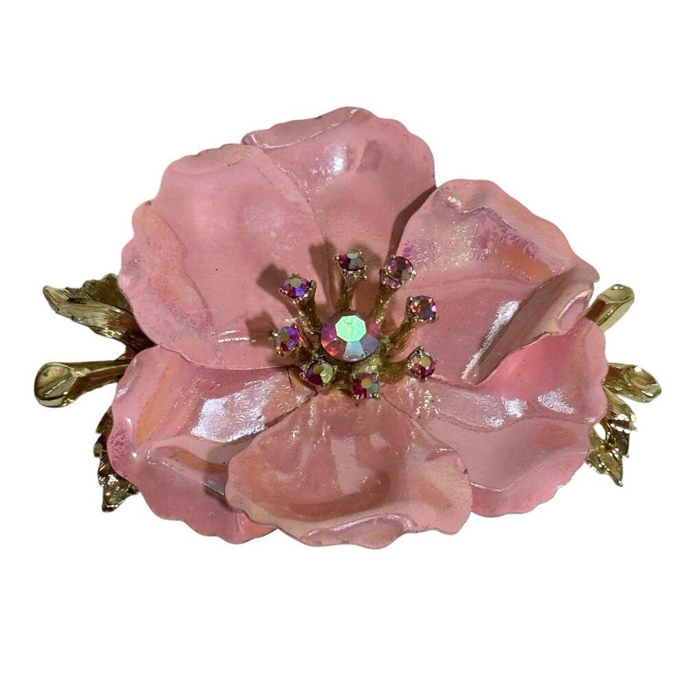 Coro aurora borealis Pink Piece Enamel Brooch Pin Leaves Gold Tone Vintage